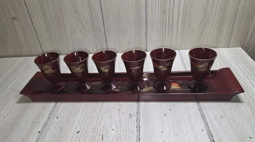 VTG Imaoka Trading Co Japan AIZU Sake Set 6 Cups Tray Deep Red Gold Beach Scene